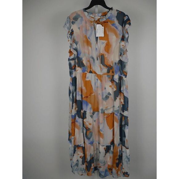 BLACK TAPE Trendy Plus Size Ruffle-sleeve Tiered Maxi Dress In Watercolor Blue P - Picture 2 of 12